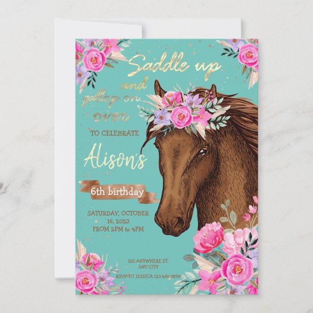 Horse Pink Floral Birthday  Invitation (Front)