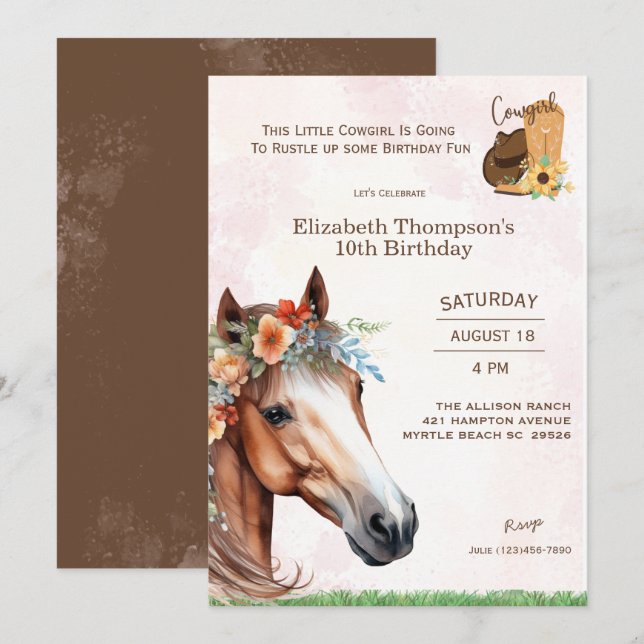  Horse Pink Floral  Birthday Invitation (Front/Back)
