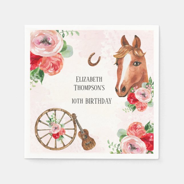 Horse Pink Floral Birthday  Napkin (Front)