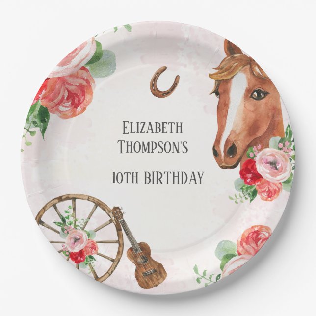 Horse Pink Floral Birthday  Paper Plate (Front)