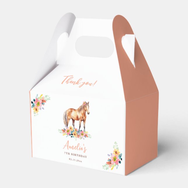 Horse Pink Floral Birthday Pony Favor Box (Front Side)
