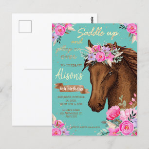 Horse Pink Floral Birthday Postcard