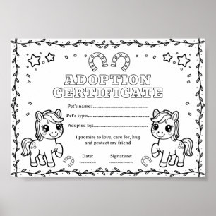 Horse pony adopt a pet colouring certificate poster