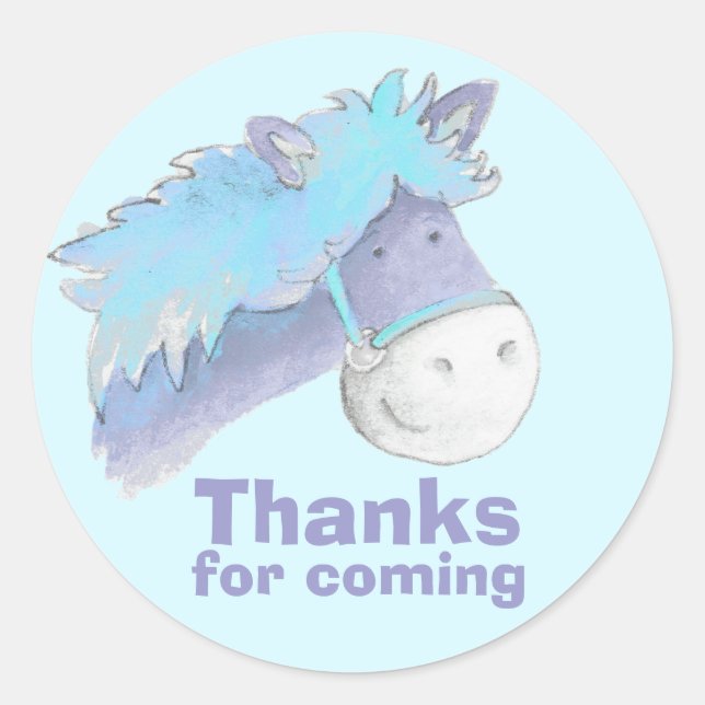 Horse / pony riding blue thank you party stickers (Front)