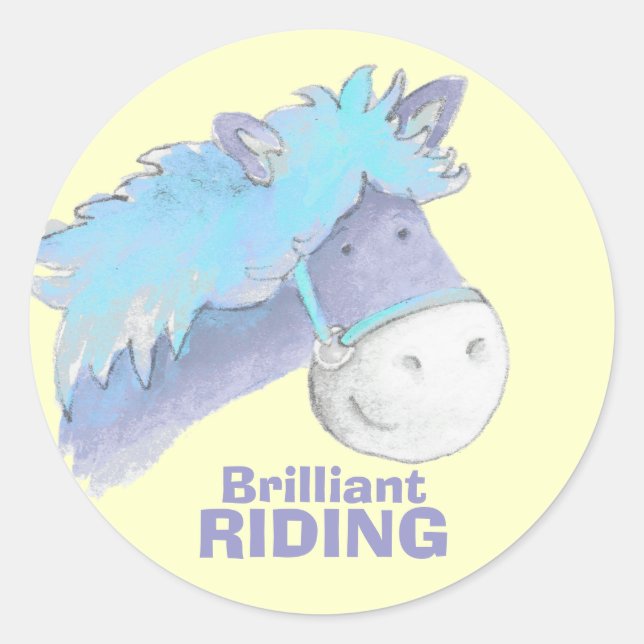 Horse pony riding yellow blue praise sticker (Front)