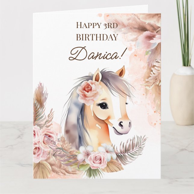 Horse pony with pastel boho flowers birthday card (Front)