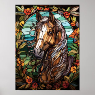 Horse Portrait Floral Stained Glass Art Poster