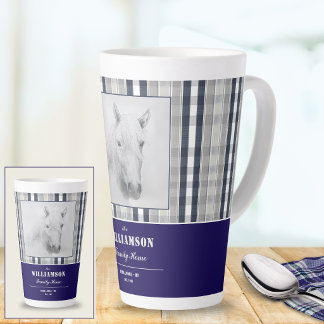 Horse Portrait Navy Blue Plaid Custom Name Large Latte Mug