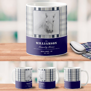 Horse Portrait Navy Blue Plaid Personalised Name Coffee Mug