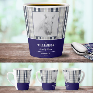 Horse Portrait Navy Blue Plaid Personalised Name Latte Mug