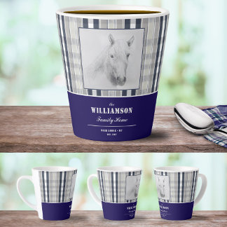 Horse Portrait Navy Blue Plaid Personalised Name Latte Mug