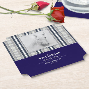Horse Portrait Navy Blue Plaid Personalised Name Paper Coaster
