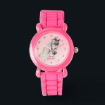 Horse portrait pony girls watch for kids watch<br><div class="desc">Horse portrait cowgirl equestrian personalised name kids watch,  horse lovers gift,  gift for girls,  white horse portrait,  pastel pink background</div>