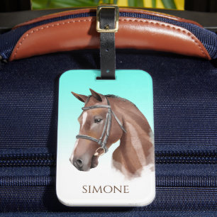 Horse portrait turquoise equestrian cowgirl custom luggage tag