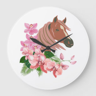 Horse portrait with orchid blooms large clock