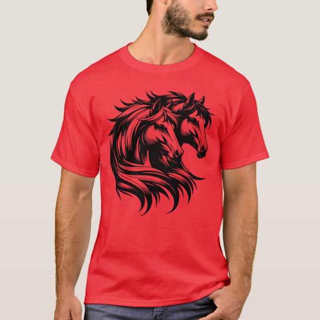 Horse Portraitwo Horses Elegant Beautiful Mane fam T-Shirt (Front)