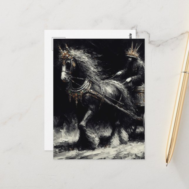 Horse Pulling A Cart Black and Gold Postcard (Front/Back In Situ)