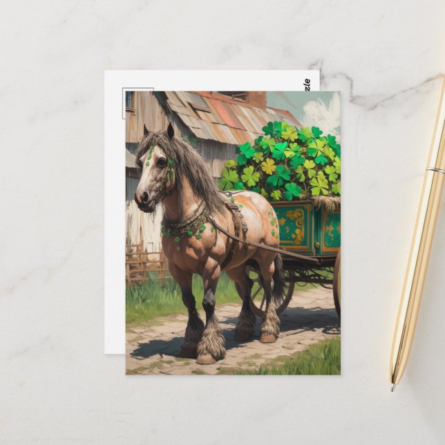 Horse Pulling A Cart Full of Shamrocks AI Glitches Postcard (Front/Back In Situ)