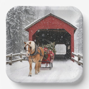 Horse Pulling a Christmas Sleigh Paper Plate