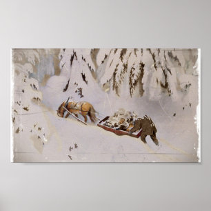 Horse Pulling Sled Through the Woods Poster