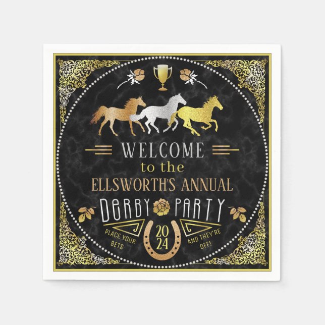 Horse Racing Derby Day Party Art Deco Black Gold Napkin (Front)