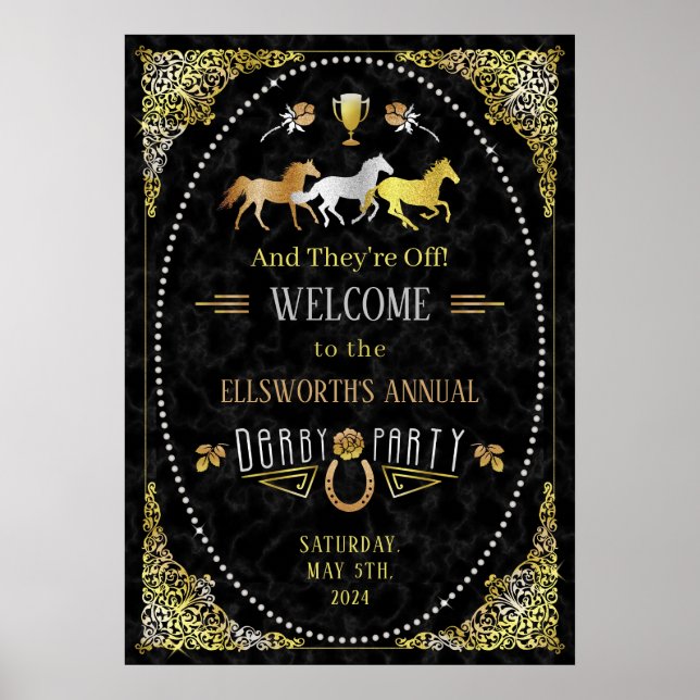 Horse Racing Derby Day Party Art Deco Black Gold Poster (Front)