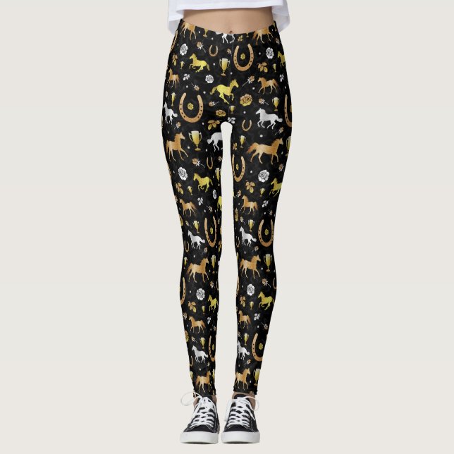 Horse Racing Derby Day Party Black Gold Pattern Leggings (Front)