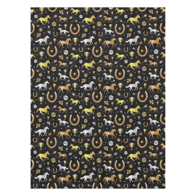 Horse Racing Derby Day Party Black Gold Pattern Tablecloth (Front)