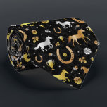 Horse Racing Derby Day Party Black Gold Pattern Tie<br><div class="desc">Celebrate your favourite horse racing derby with this gorgeous pattern. The repeating design is made in shades of gold, silver, and bronze on black with a slight marble effect. The ornate pattern includes horses, trophies, horseshoes, and roses. Contact FancyCelebration for changes. See the matching party supplies and more here: https://www.zazzle.com/collections/horse_racing_derby_day_party_collection-119108502832802144...</div>