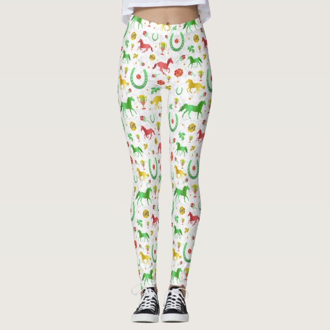 Horse Racing Derby Day Party Colourful Pattern Leggings (Front)