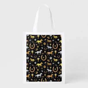 Horse Racing Horseshoes Derby Pattern Black Gold Reusable Grocery Bag