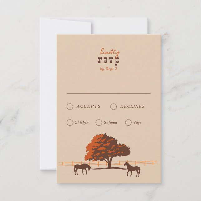 Horse Rail Fence Oak Horses Wedding RSVP Card (Front)