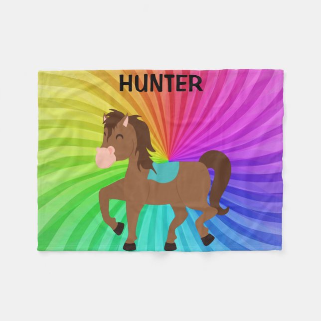 Horse & Rainbows blanket personalised for kids. (Front (Horizontal))