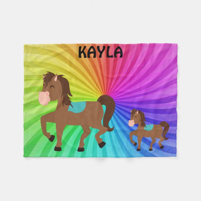 Horse & Rainbows blanket personalised for kids. (Front (Horizontal))