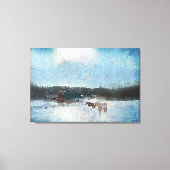 Horse Ranch, Barns and Snow Painting Canvas Print (Front)