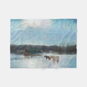 Horse Ranch, Barns and Snow Painting Fleece Blanket
