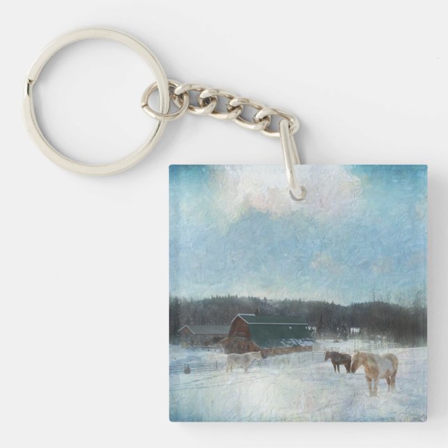 Horse Ranch, Barns and Snow Painting Key Ring (Front)