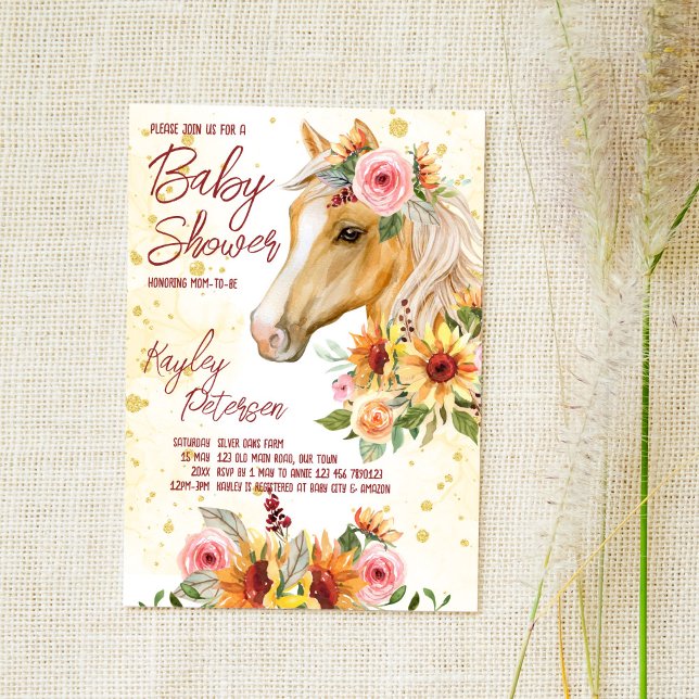 Horse ranch sunflowers pink flowers baby shower invitation (Creator Uploaded)