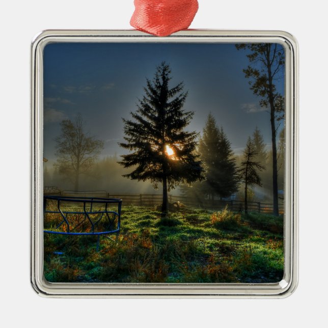Horse Ranch Sunrise Nature Photo Metal Tree Decoration (Front)