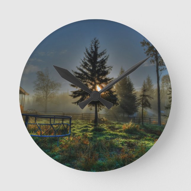 Horse Ranch Sunrise Nature Photo Round Clock (Front)