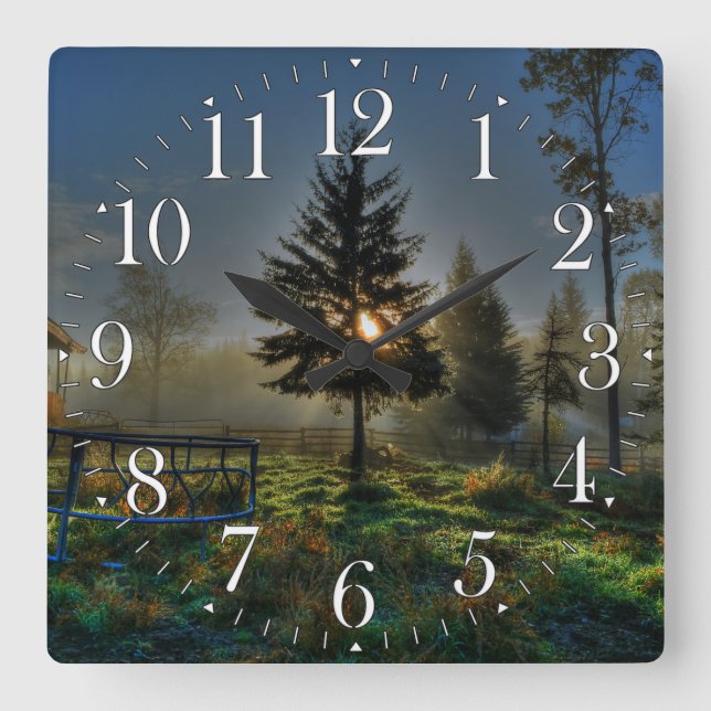 Horse Ranch Sunrise Nature Photo Square Wall Clock (Front)