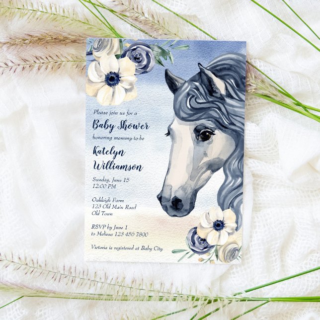 Horse ranch watercolor with flowers baby shower invitation (Creator Uploaded)