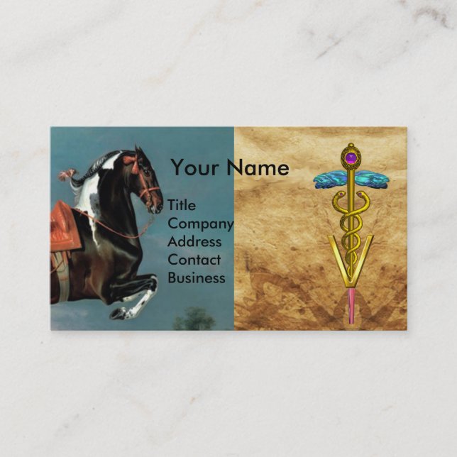 HORSE REARING "GOLD CADUCEUS VETERINARY SYMBOL BUSINESS CARD (Front)