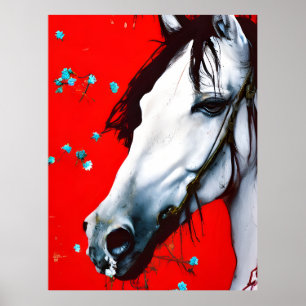 Horse Red Background Blue Flowers Poster