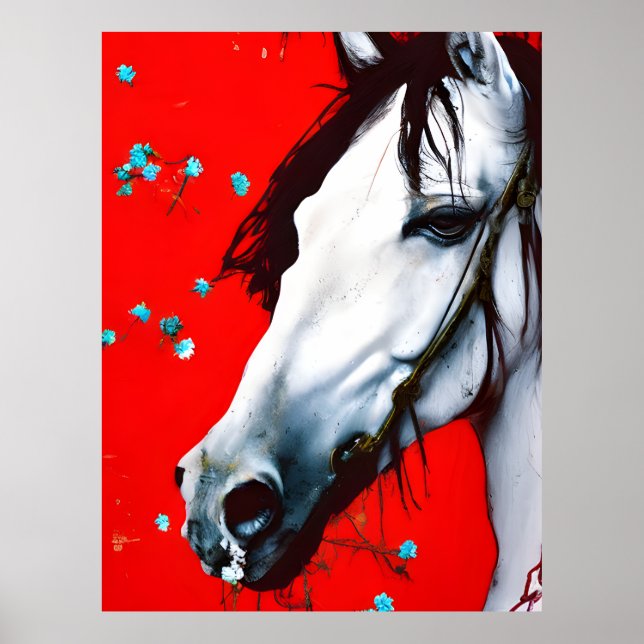 Horse Red Background Blue Flowers Poster (Front)