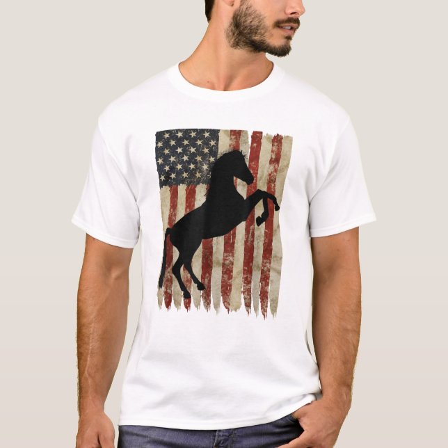 Horse Rider American Flag USA Patriotic Stallion E T-Shirt (Front)