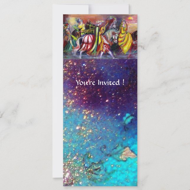 HORSE RIDERS ,MUSIC IN NIGHT, Gold Blue Gparkles Invitation (Front)