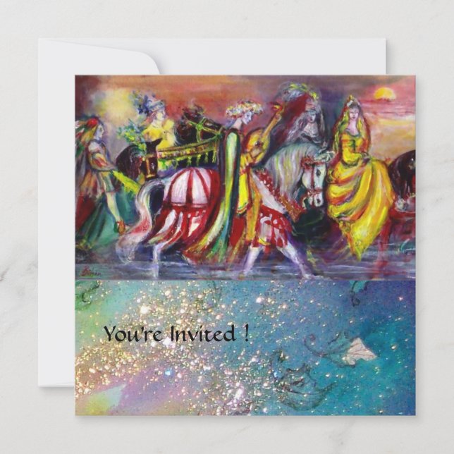 HORSE RIDERS ,MUSIC IN NIGHT, Gold Blue Gparkles Invitation (Front)