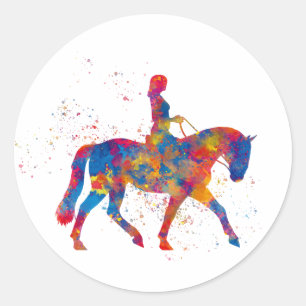 Horse riding in watercolor classic round sticker