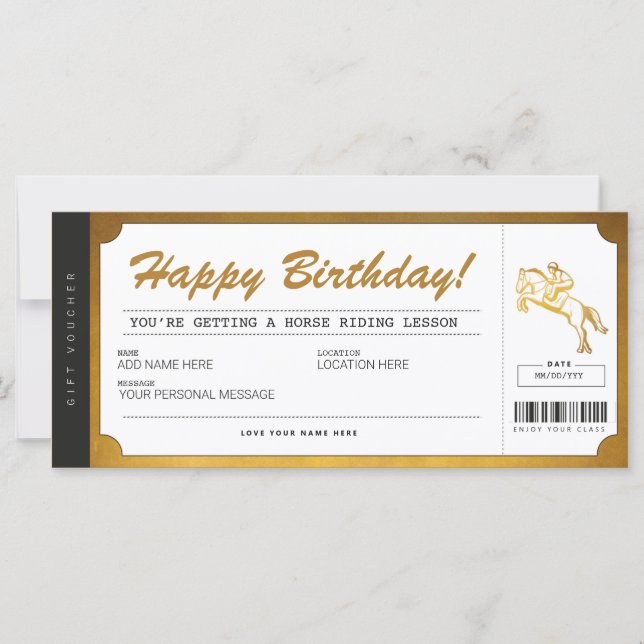 Horse Riding Lessons Gold Gift Ticket Voucher (Front)